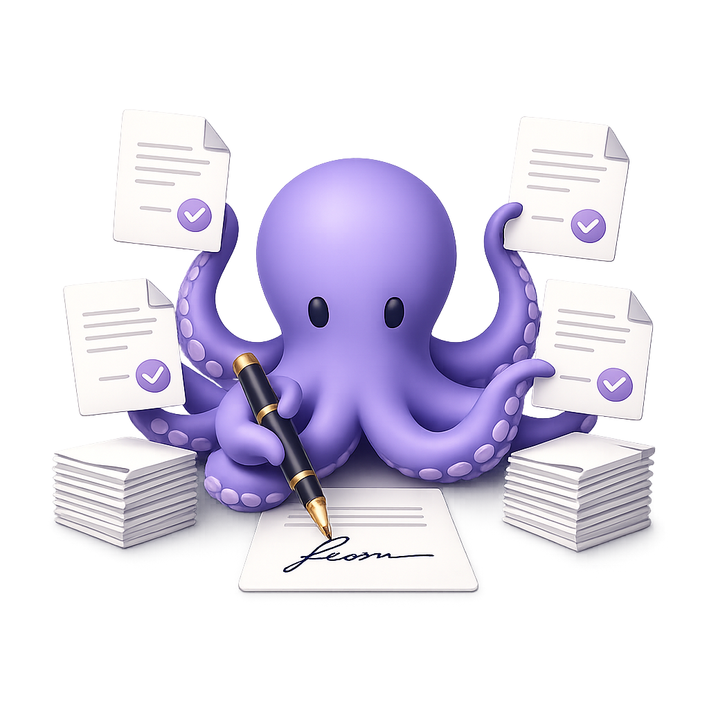 PDFBatchSigner mascot signing a stack of documents